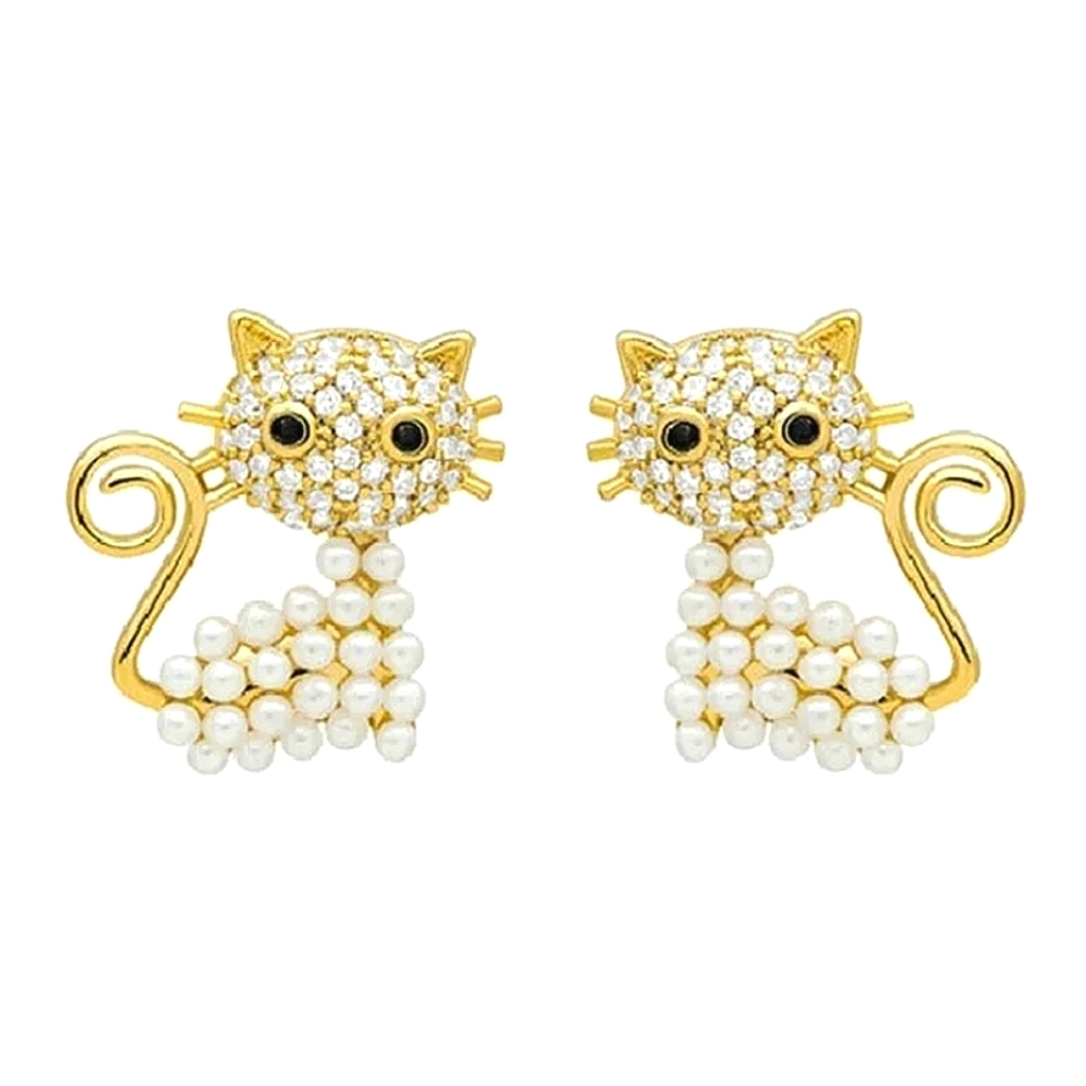 18K gold plated crystal pearl Kitty cat earrings